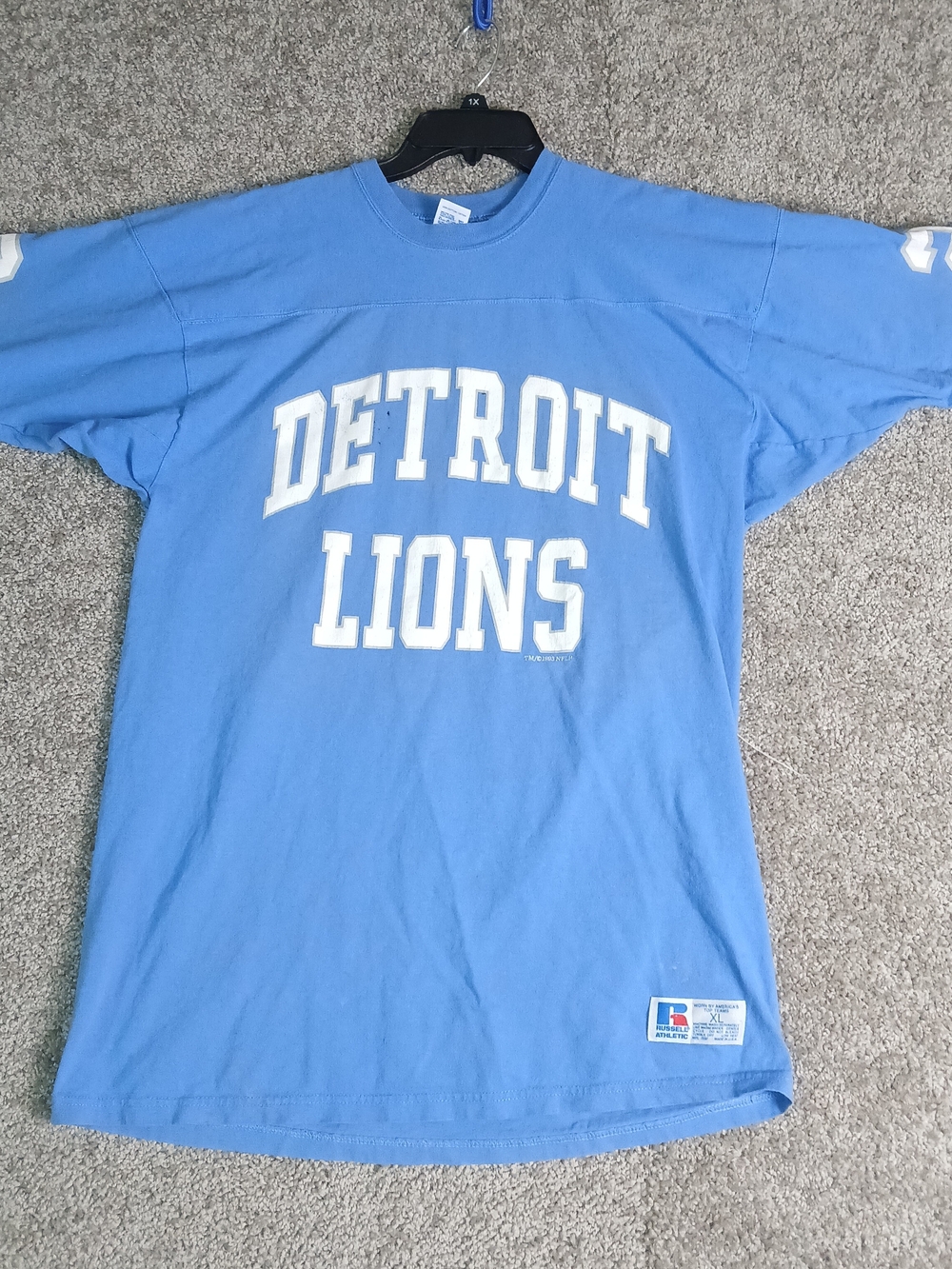 Vintage Detroit Lions Football Logo Print T Shirt Afult XL Blue Russell Athletic